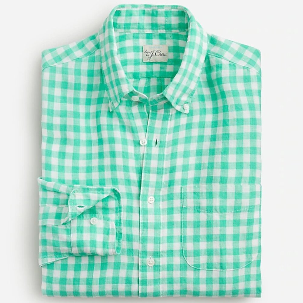 NWT J Crew 100% Linen Baird McNutt Green Gingham Plaid Check Shirt Slim Fit